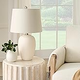 Nourison Home 23" Natural White Ceramic Jar Table Lamp for Bedroom, Living Room, Dining Office, with Off-White Shade