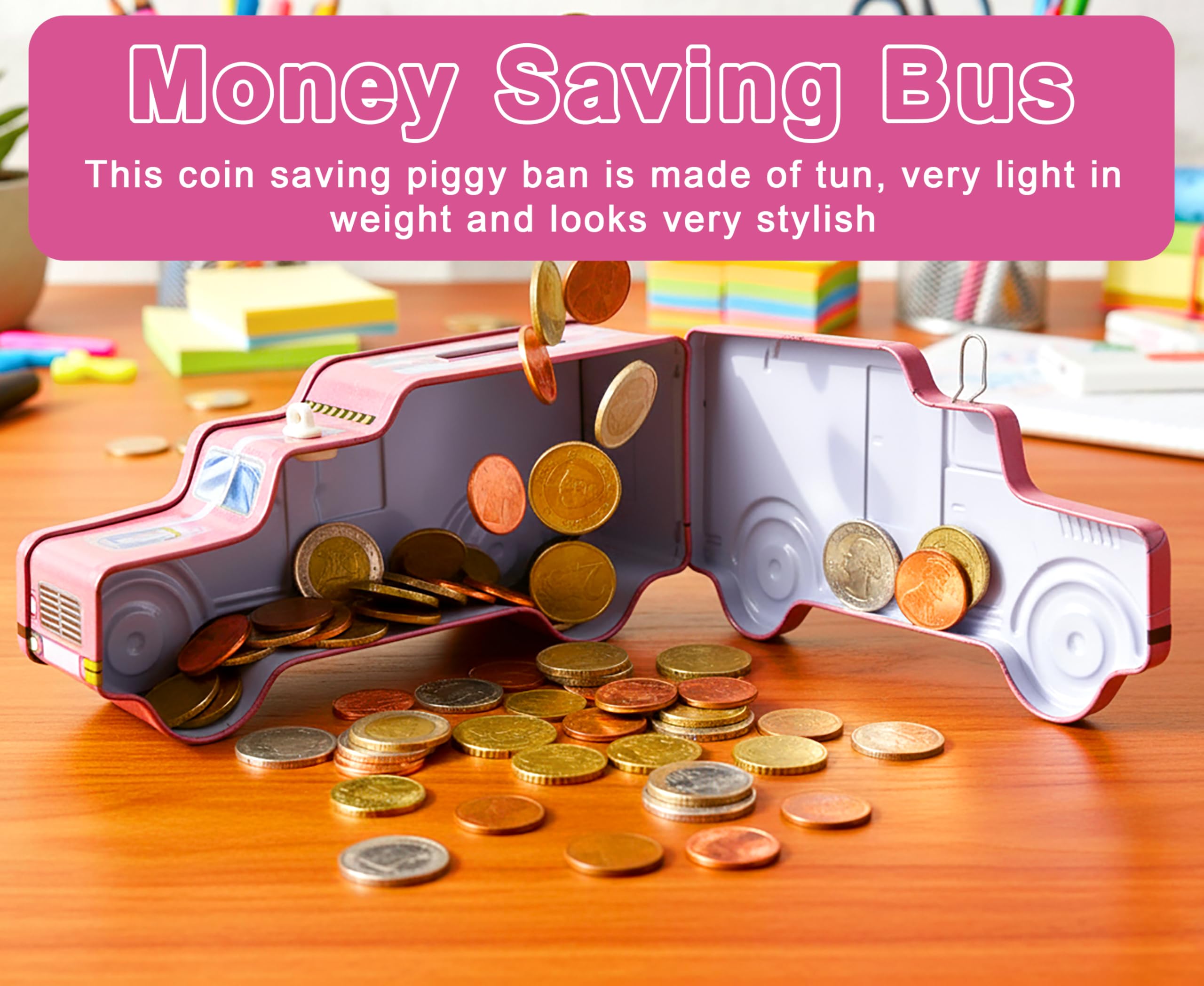 VGRASSP Unicorn Theme Metal Bus Piggy Bank Toy for Kids - Cute Money Safe with Lock and 2 Keys - Gullak Coin Box Gift for Boys and Girls - Color As Per Stock 4