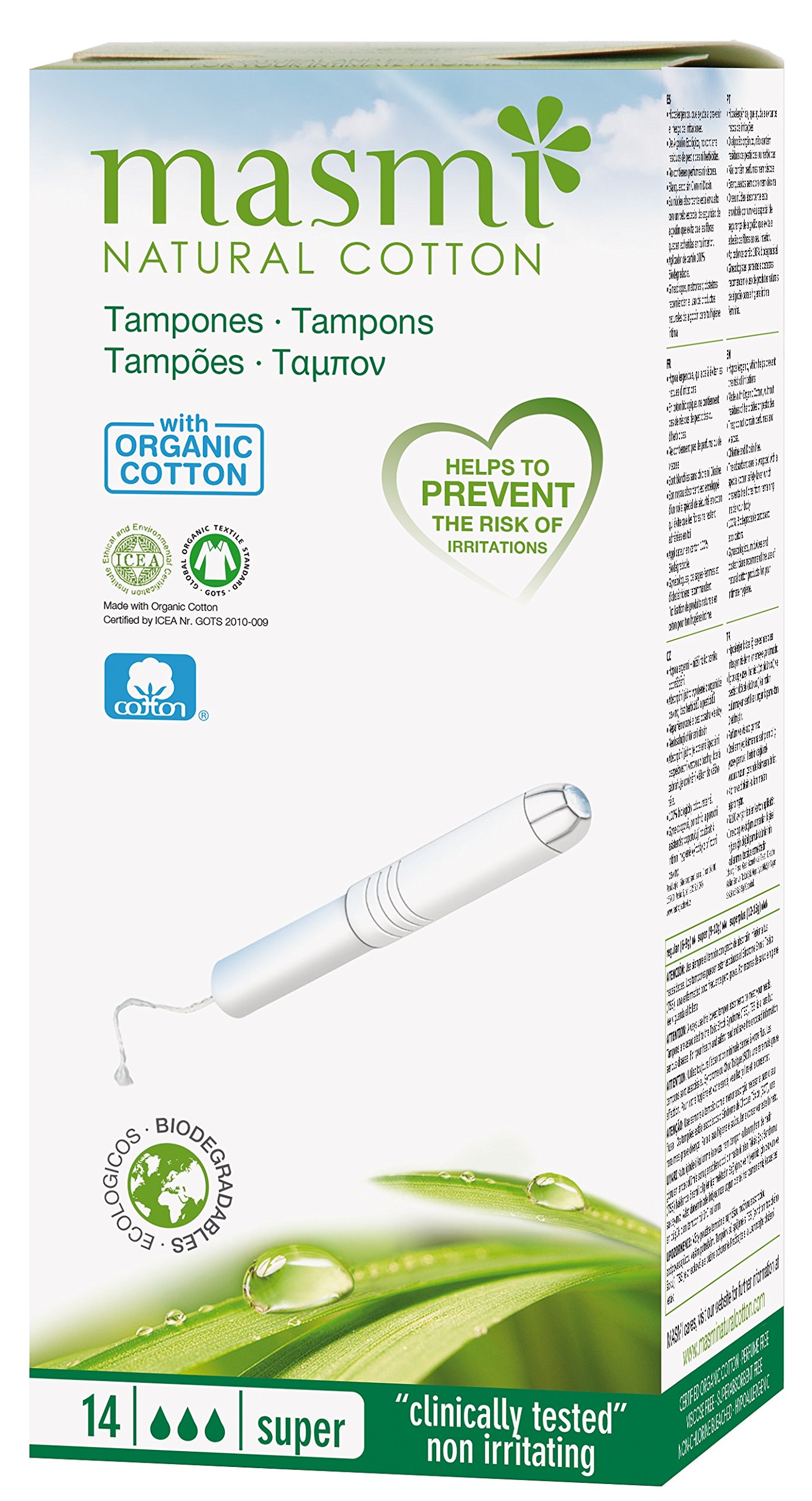 14 Masmi Super Applicator Cotton Tampons Certified Organic Hypoallergenic, Biodegradable, Cardboard Applicator, Free of Perfume Viscose Rayon Chlorine and Dioxin (Single Pack)