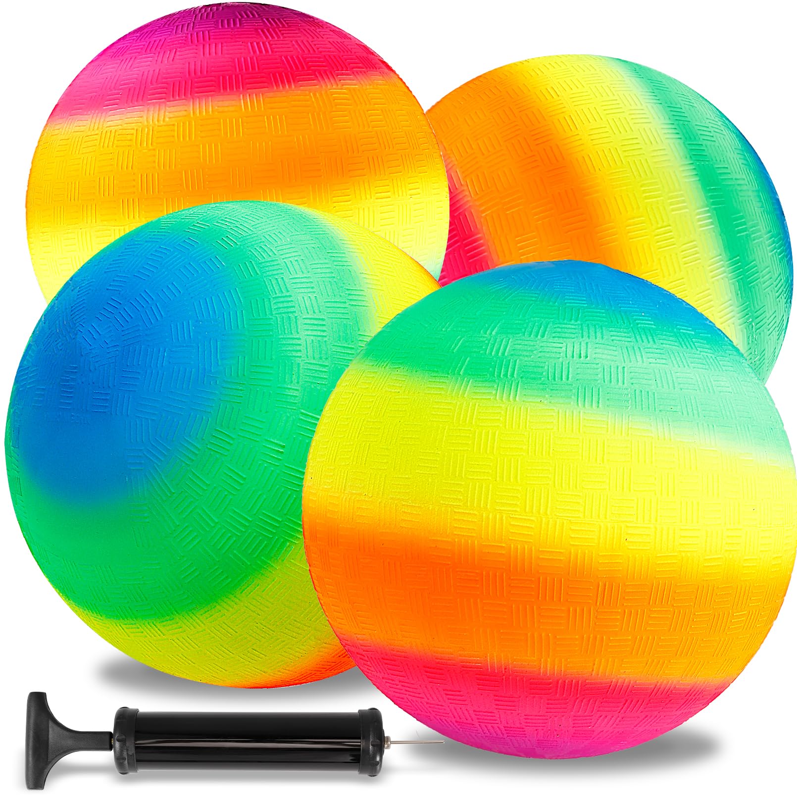 Incisite 4 Pcs Rainbow Playground Balls with 1 Hand Pump, 21.6cm Neon Sports Balls, Inflatable Multi Colors Kick Ball Handball, Colorful Rubber Bouncy Ball for Adults Indoor Outdoor Games Use