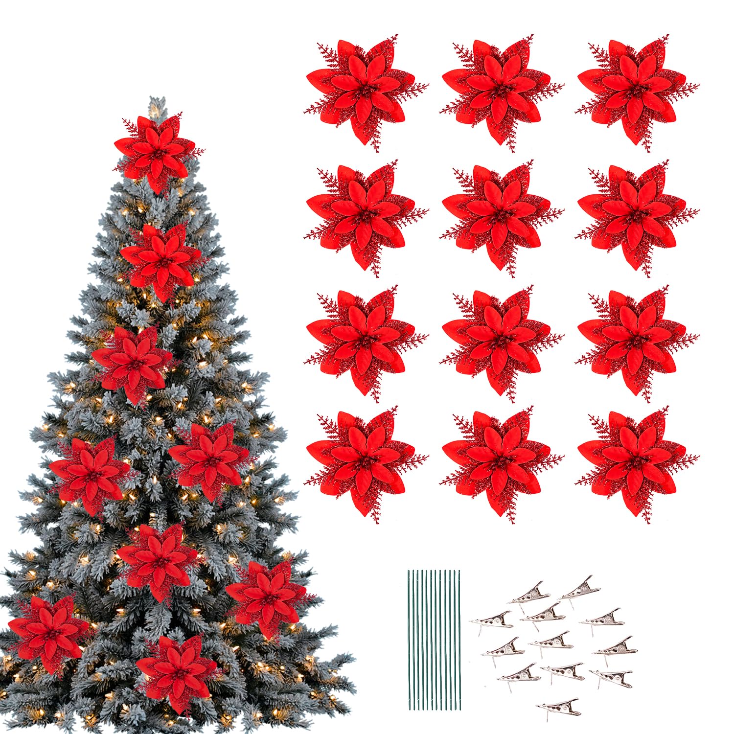 Leixi 12Pcs Christmas Poinsettia Flower Artificial Pointsettia with Clips Glitter Poinsettia Ornaments Christmas Tree Flower Decorations, DIY Xmas Wreath Holiday Party Decor (Red)