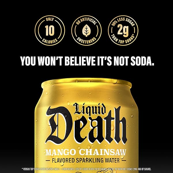 LIQUID DEATH SODA-FLAVORED SPARKLING WATER – MANGO CHAINSAW (MANGO ORANGE), LESS SUGAR*, HUGE FLAVOR, NO CAFFEINE, NO ARTIFICIAL SWEETENERS, 12 FL OZ (PACK OF 12)