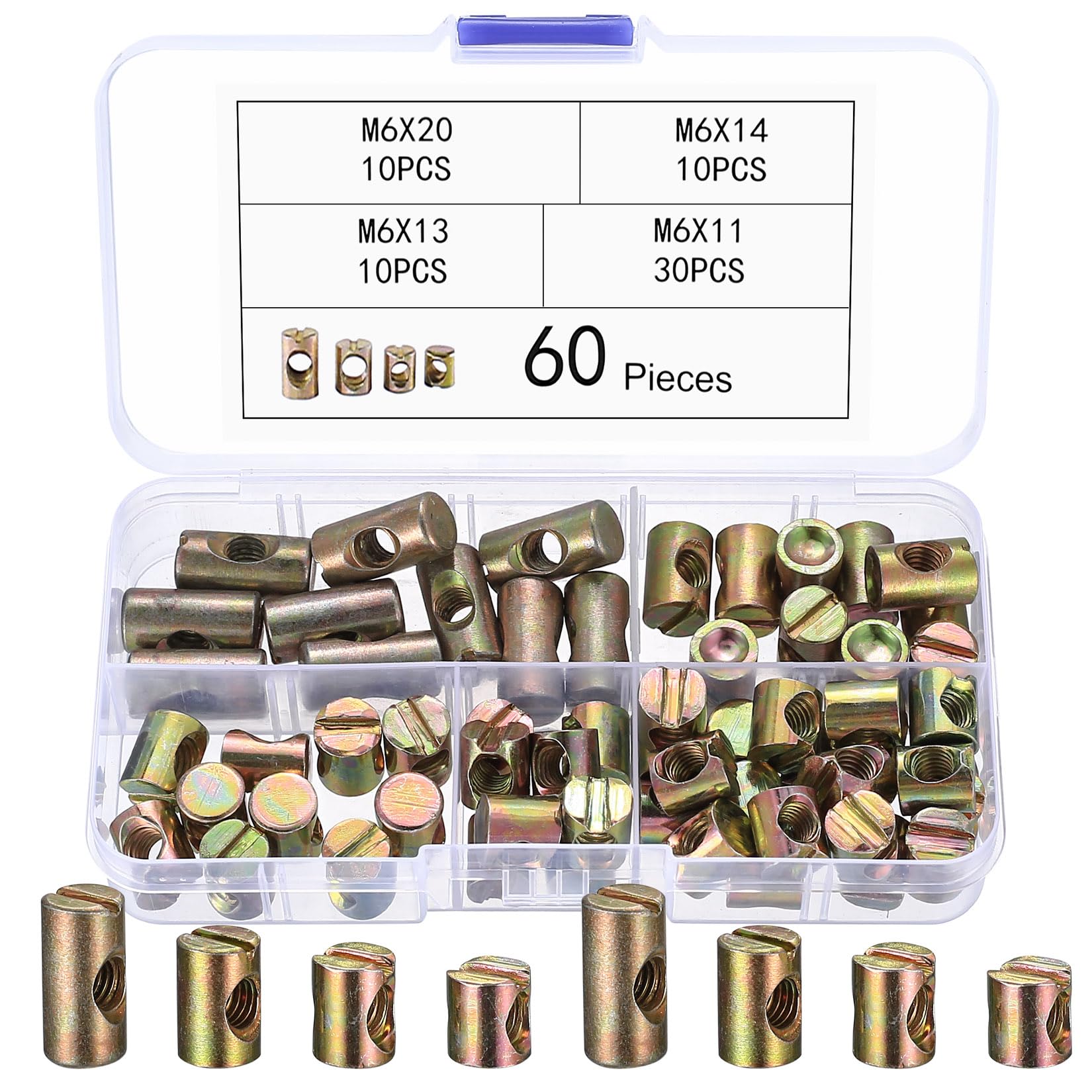 60 Pcs M6 Furniture Barrel Nuts, Metal Cross Dowel Slotted Fasteners for Bed Cot Chairs Crib, Symmetric Nut Fasteners, 6mm x 11mm/13mm/20mm/24mm