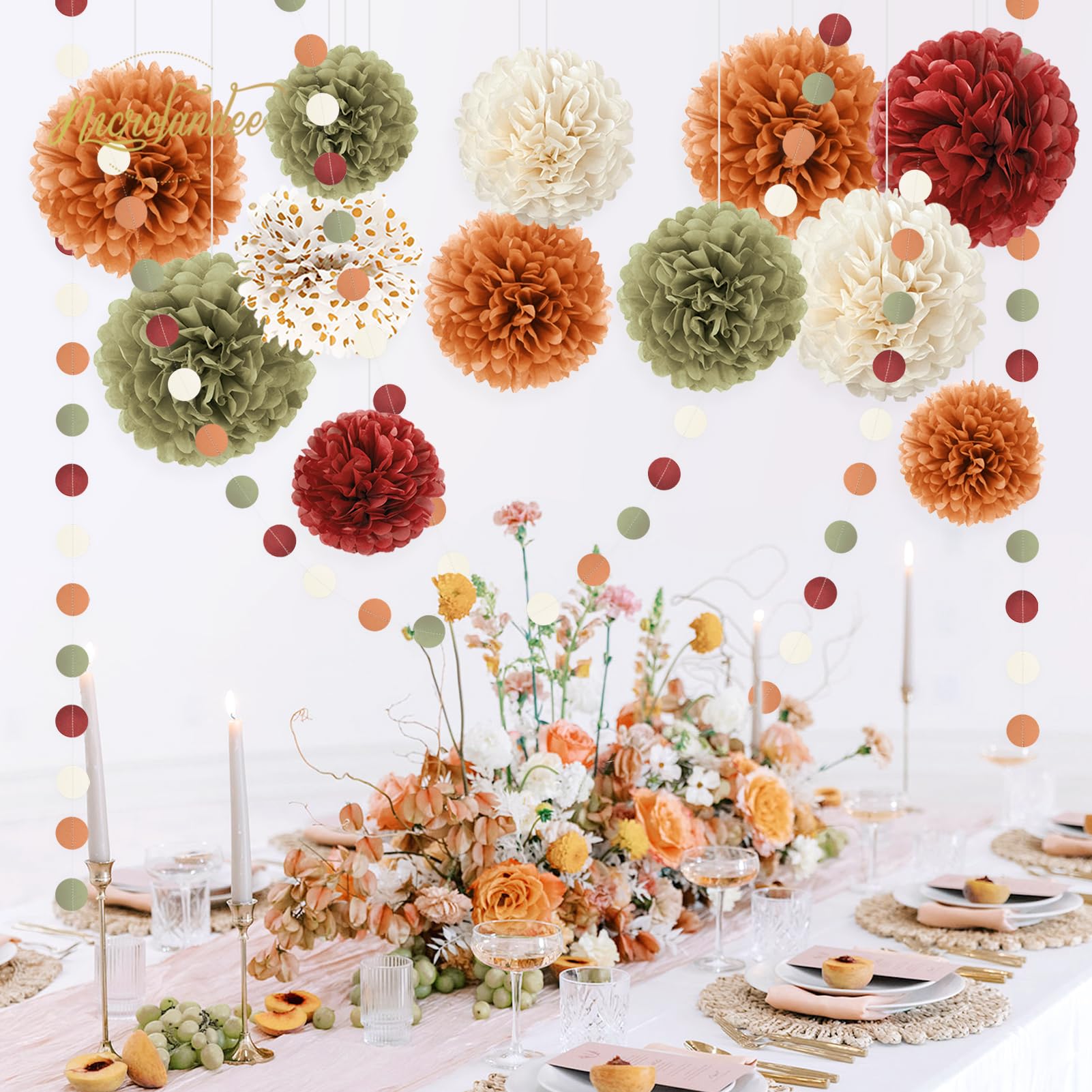 NICROLANDEE Fall Wedding Decorations - 15 PCS Pumpkin Orange Sage Green Ivory Tissue Pom Poms Decor, Dots Paper Garland for Thanksgiving, Baby Shower, Autumn Harvest Party Supplies