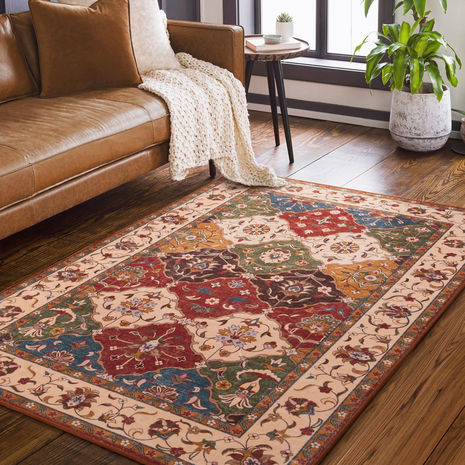 Photo 1 of Lessymo Moroccan Area Rugs 3x5, Fauxwool Washable Area Rug for Bedroom Entryway Living Room, Non-Slip Multicolor Oriental Rug, Low Plie Boho Vintage Area Rug, Kid & Pet Friendly, Classic Red and Cream