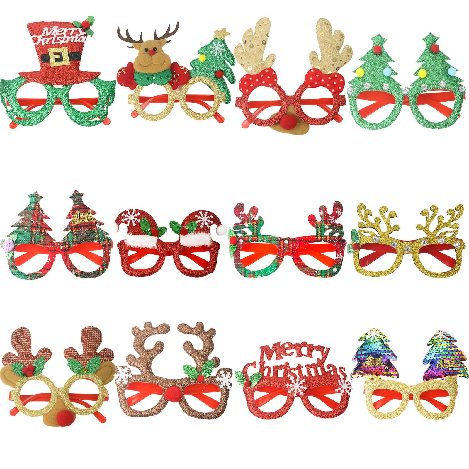 Celebration Directre 12PCS Christmas Glitter Party Glasses Frame Christmas Party Glasses Xmas Eyeglasses Frame Fancy Dress Costume for Kids Adults Holiday Favors