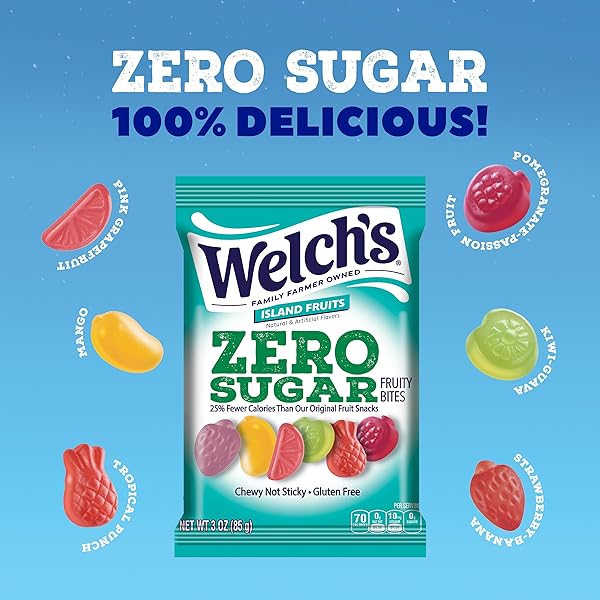 WELCH’S ZERO SUGAR FRUITY BITES, ISLAND FRUITS SNACK PACK, GLUTEN FREE & SUGAR FREE SNACKS, 3OZ SNACK PACK (PACK OF 1)