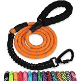 Rope Dog Leash 4 FT: Heavy Duty Leashes with Swivel Lockable Hook Reflective Threads Bungee and Padded Handle - Dog Lead for Large Small Medium Dogs Outside Walking Hiking Orange
