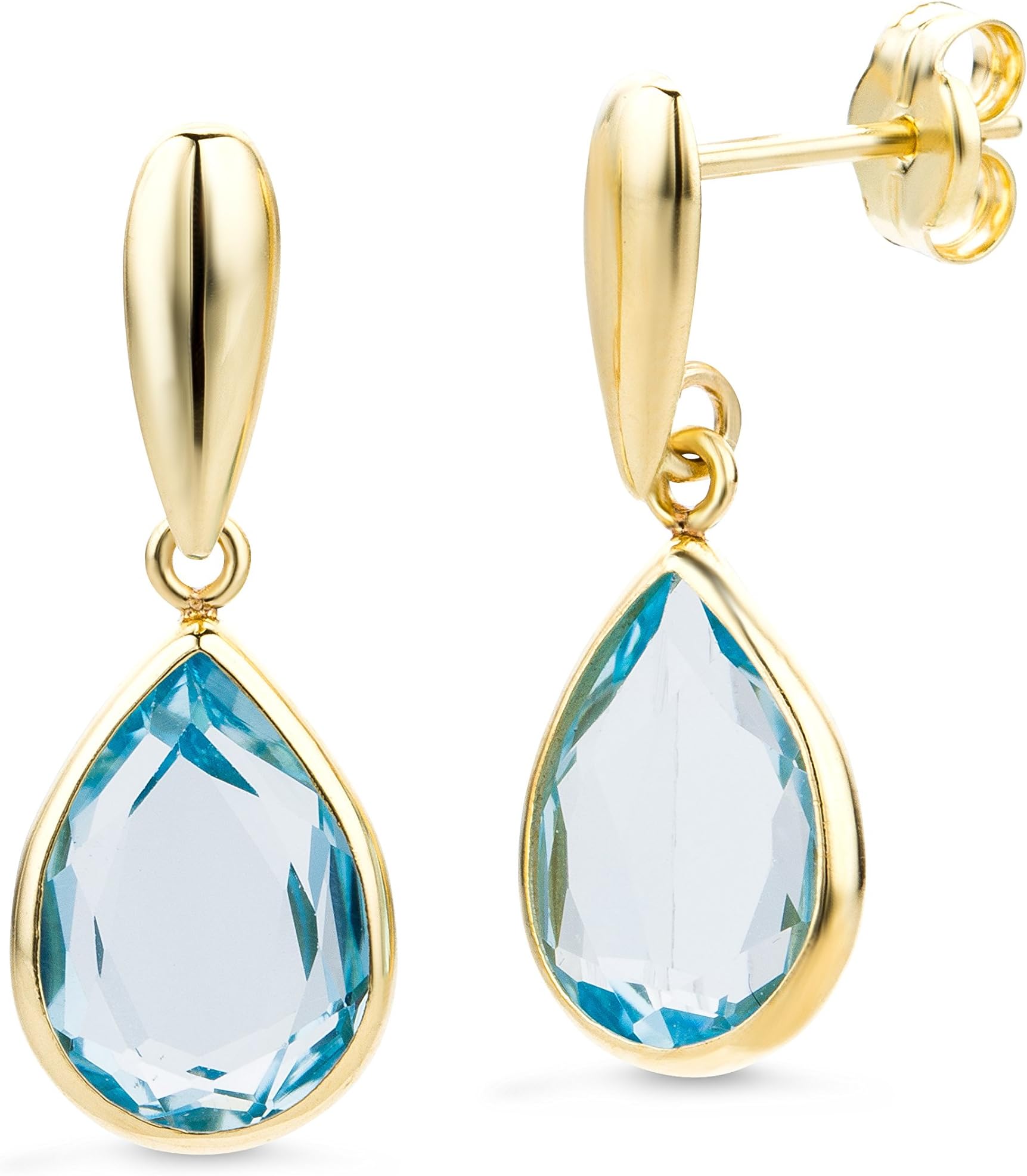 MIOREteardrop drop earrings in 14 kt 585 yellow gold with natural blue topaz- purple amethyst gemstones- post and butterfly- skin friendly- gift box