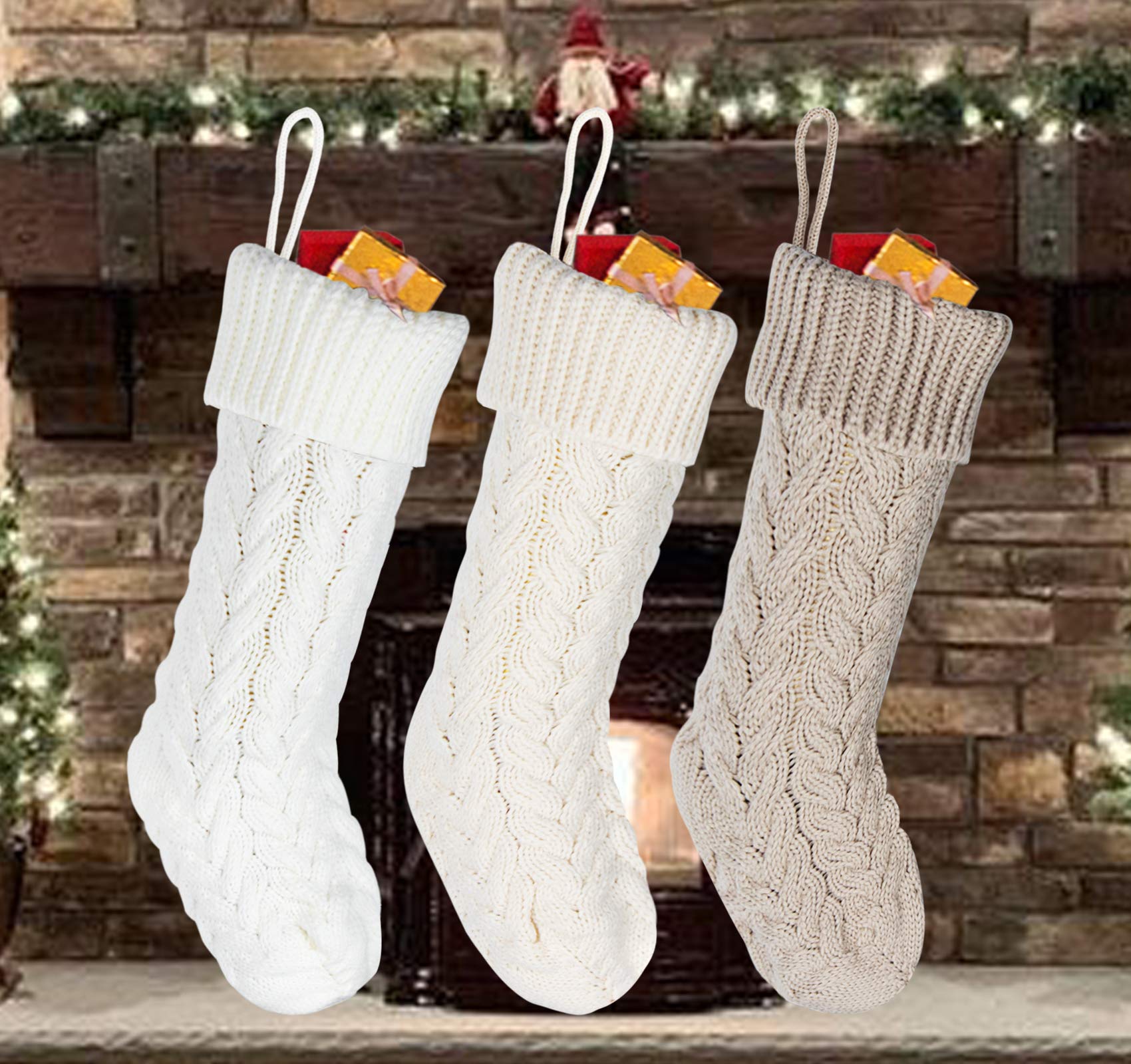 ilauke Knit Christmas Stockings 3 Pack, 18 inch Large Size Cable Knitted Christmas Stocking Decorations with 4.5inch Rope, Perfect for Family Holiday Xmas Party Decor (3 Colors)