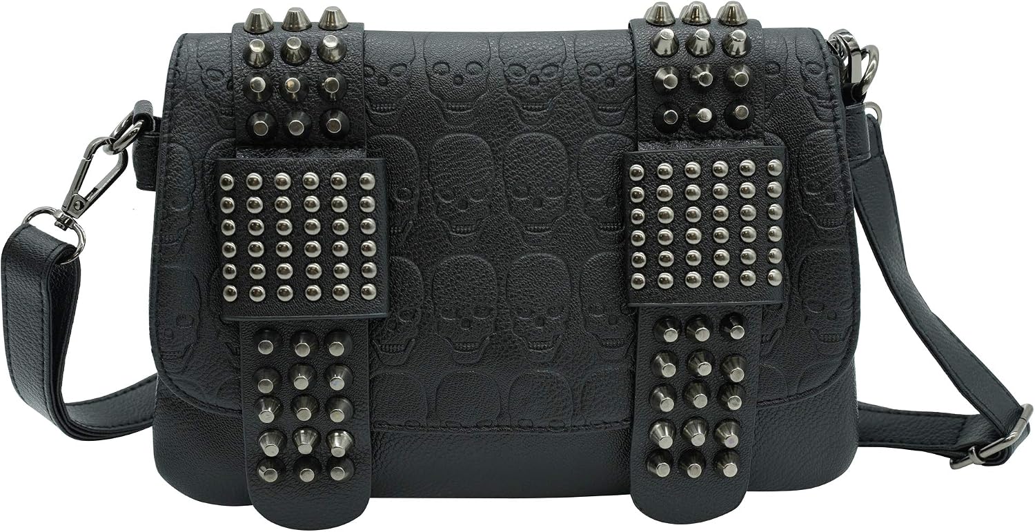 Ro Rox Women's Studded Skull Crossbody Shoulder Bag Punk Gothic Studs PU Handbag - Danica, Black