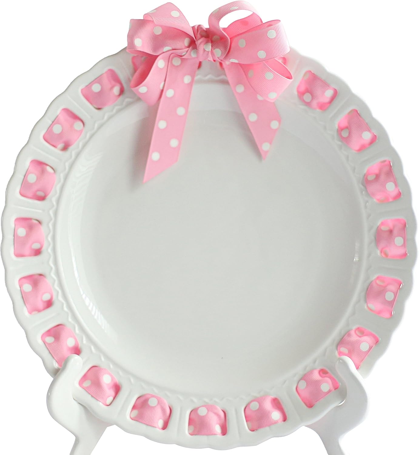Prissy Plates 12001118 12" Round Ceramic Ribbon Plate with Pink/White Polka Dot