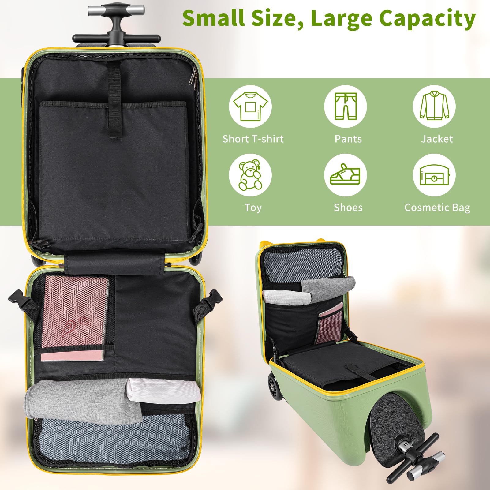 Aseasimlestore Ride on Suitcase for Kids, 20 inch Hardside Kids Luggage Ride on,Large Suitcases with Child Seat Design with 4 Universal Wheels Help Your Child Travel (Green)