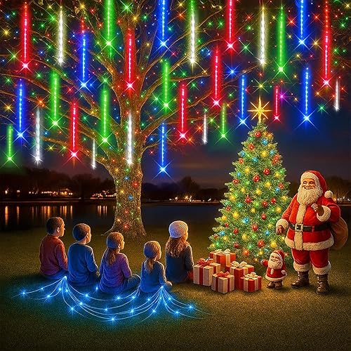 Purtuemy Outdoor Christmas Decorations, 12 inch Meteor Shower rain Lights, LED Christmas Lights for House Tree Holiday Party, Halloween Christmas Decorations for Yard, Multicolor