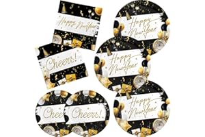 GATHERFUN Happy New Year Celebration Kit: Party Supplies for 50 Guests with Decorative Disposable Plates & Napkins, Ringing in the New Year