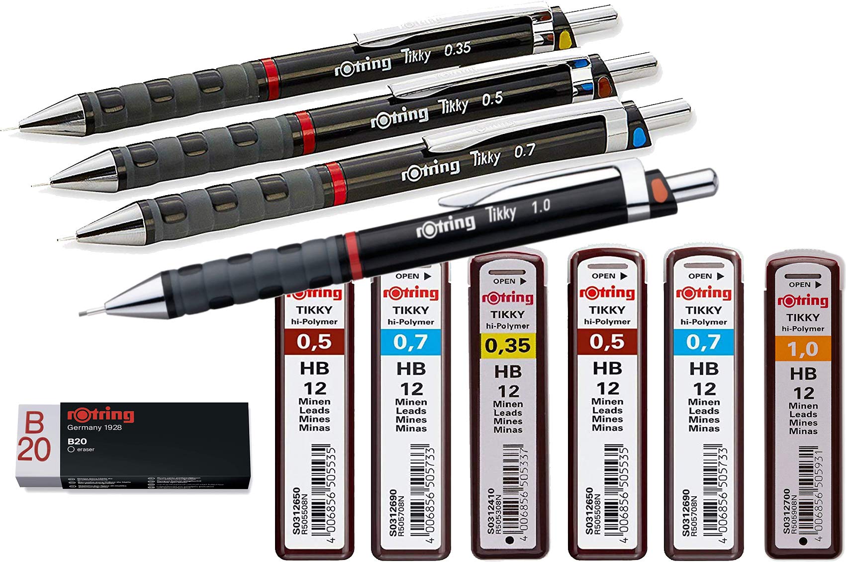 rOtring Tikky Mechanical Pencil (Black Barrel, Set of 4) HB 0.7/0.5/0.35/1.0 + Refills and Eraser B20