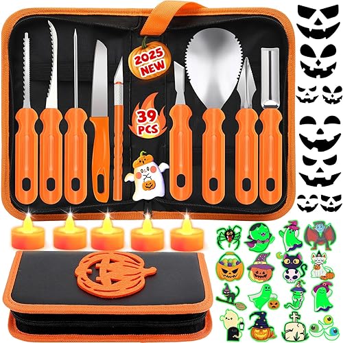Pumpkin Carving Kit, 39 PCS Stainless Steel Pumpkin Carving Tools with Halloween Stickers and Candles, Halloween Decorations Gifts for Family DIY, Pumpkin Decorating Kit with Box for Kids and Adults