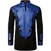 LucMatton Men's African Attire Slim Fit Long Sleeve Dashiki Shirt with Metallic Foil Print & Mandarin Collar