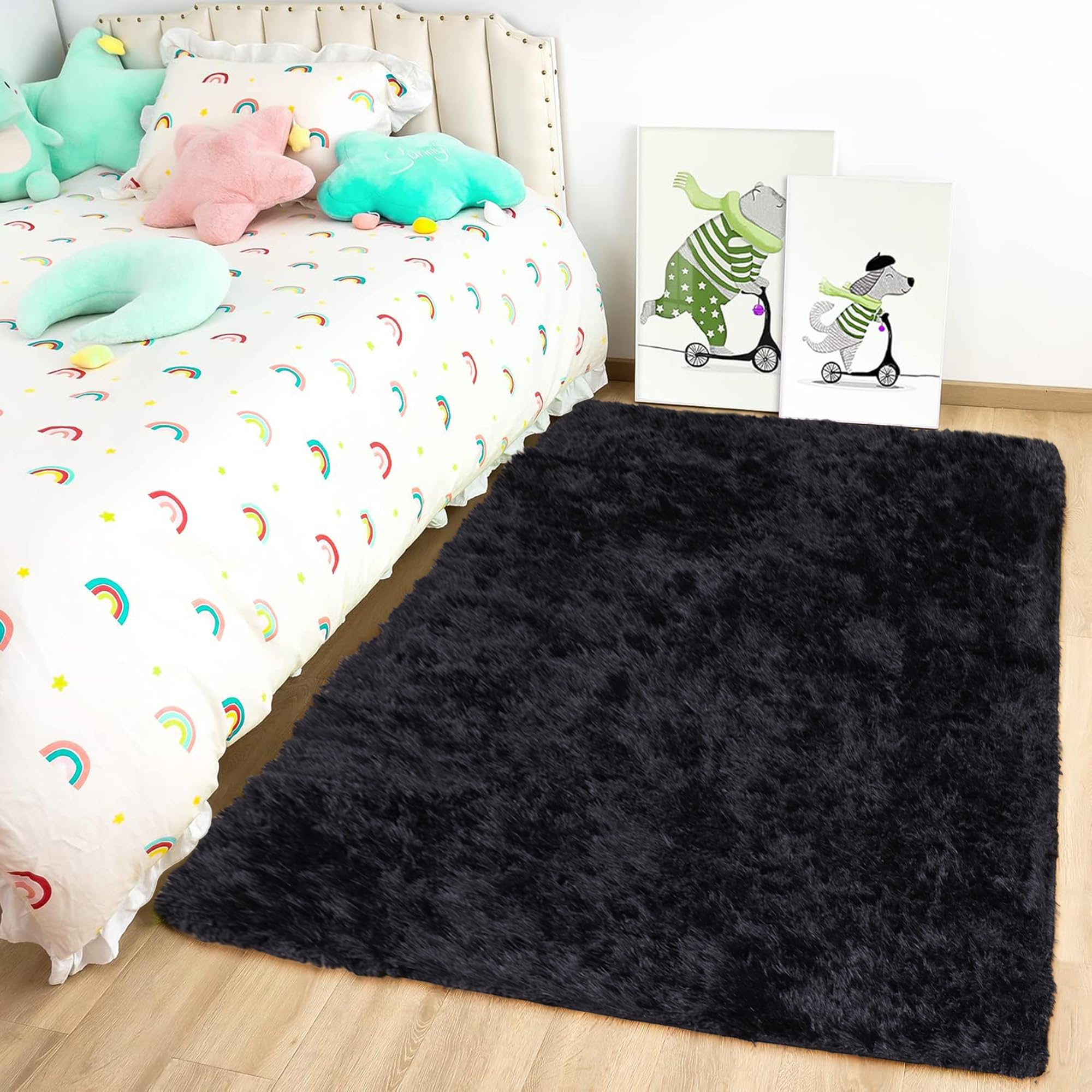 Oxford Homeware Rugs Living Room 60x110 cm – Black Area Rugs for Bedroom Small – Fluffy Shaggy Super Soft Non Slip Rug Washable Modern Floor Carpets Bedside Rug for Kids Room