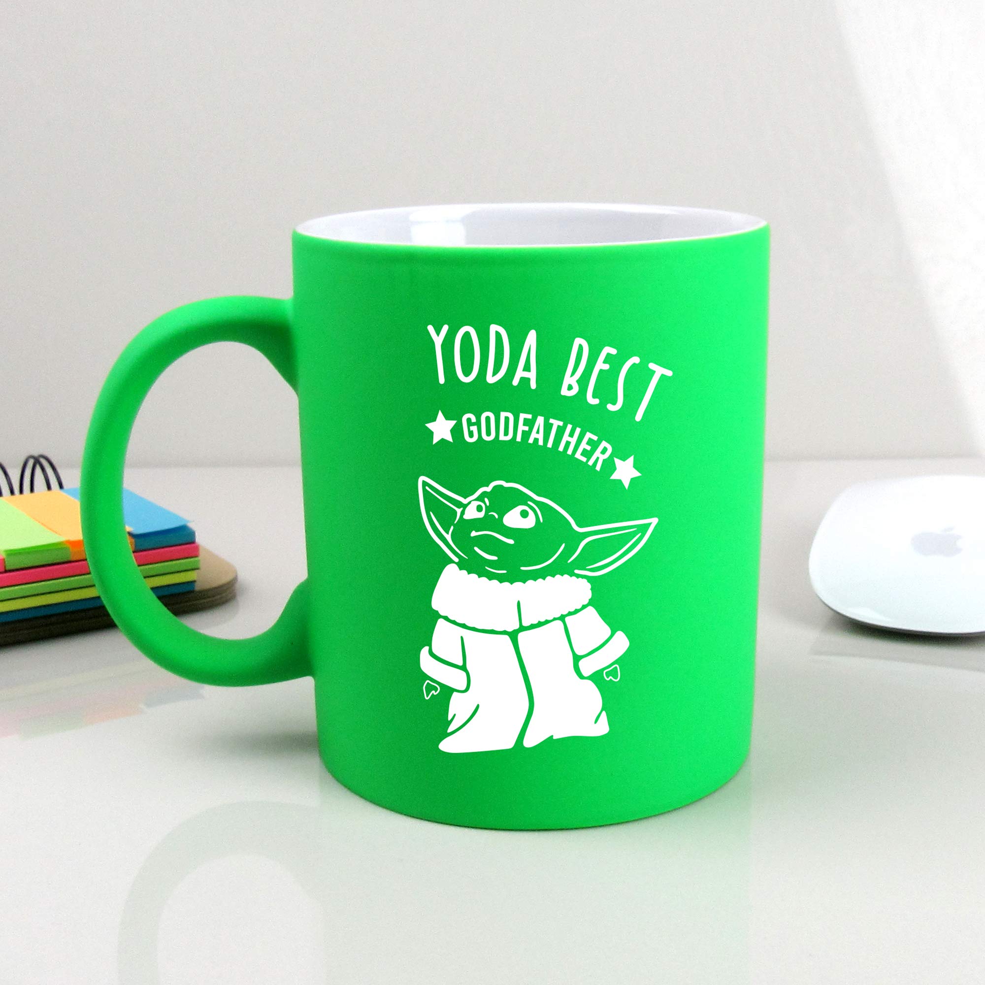 eBuyGB Personalised Coffee Mug, Neon Green Baby Yoda Mug, 310ml Star Wars Themed Tea Cup, Funny Gifts for Godparents (Yoda Best Godfather)