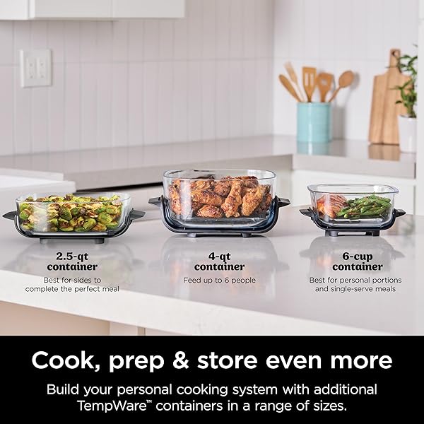 NINJA CRISPI AIR FRYER, MICROWAVE, FREEZER & DISHWASHER SAFE, NON TOXIC GLASS PORTABLE COOKING SYSTEM, 4 QT & 6 CUP GLASS CONTAINERS WITH STORAGE LIDS, EASY MEALS, AIR FRY, BAKE, & MORE GREY, FN101CGY