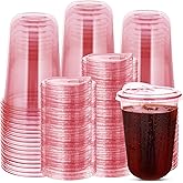 100 Sets Disposable Stemless Glasses With Strawless Sip Lids,PET Drinking Cups,Clear Plastic Coffee Cup for Iced Coffee, Smoothie, Cold Beverage, Drink Shop and Christmas Party Supply (Pink, 16 oz)