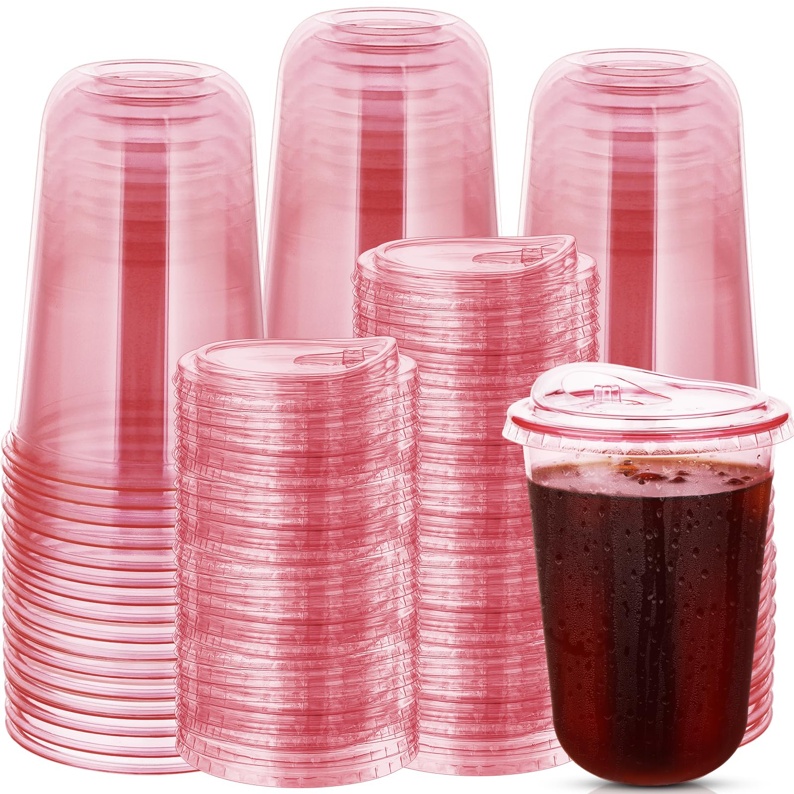 Photo 1 of 100 Sets Disposable Stemless Glasses With Strawless Sip Lids,PET Drinking Cups,Clear Plastic Coffee Cup for Iced Coffee, Smoothie, Cold Beverage, Drink Shop and Christmas Party Supply (Pink, 16 oz)