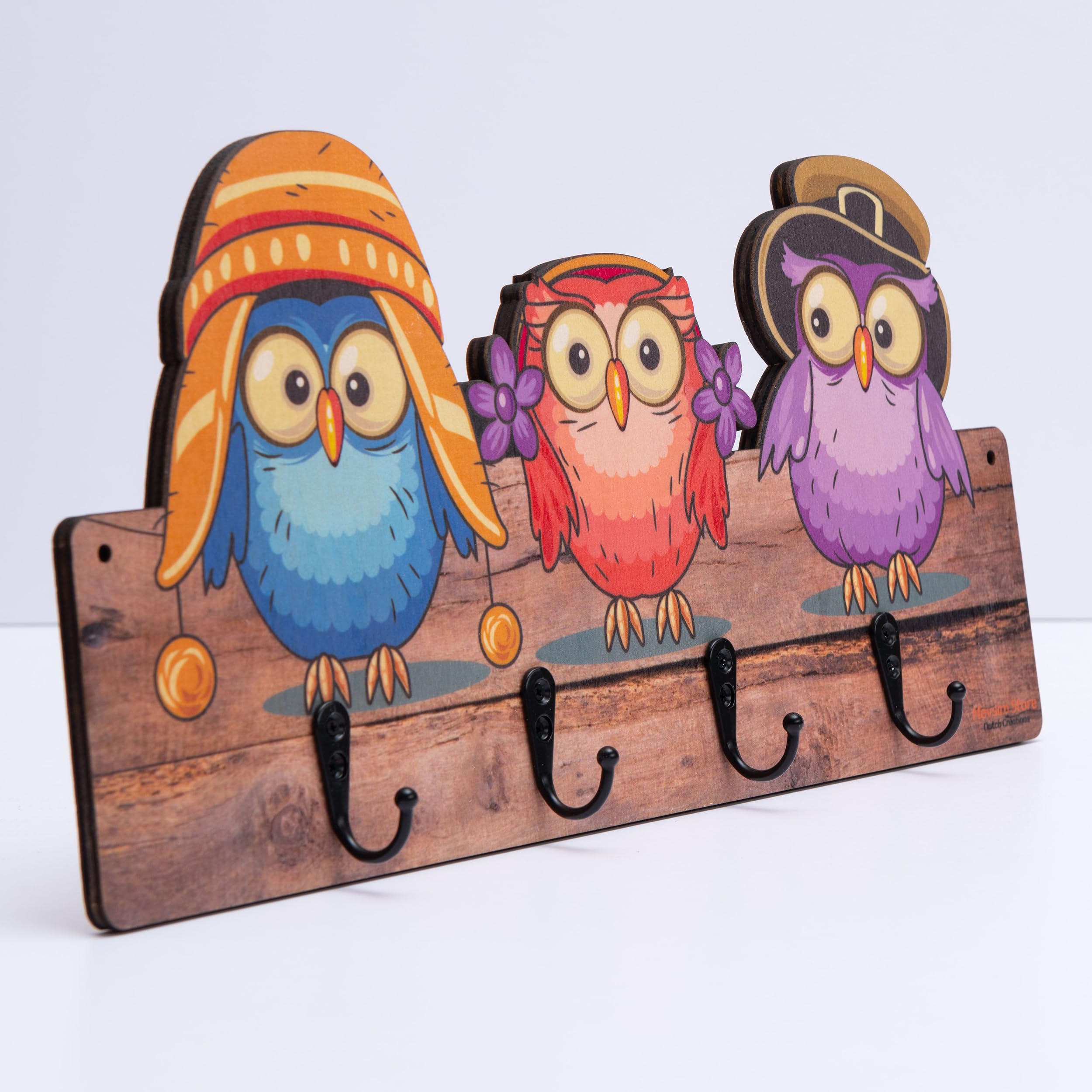 Mevsim Store Children's Coat Rack - Handmade - 4 Metal Hooks - 39,50x19,50 cm - Coat Rack with Animals - Hanging Coat Rack - Wood - Wall Coat Rack - with Brackets