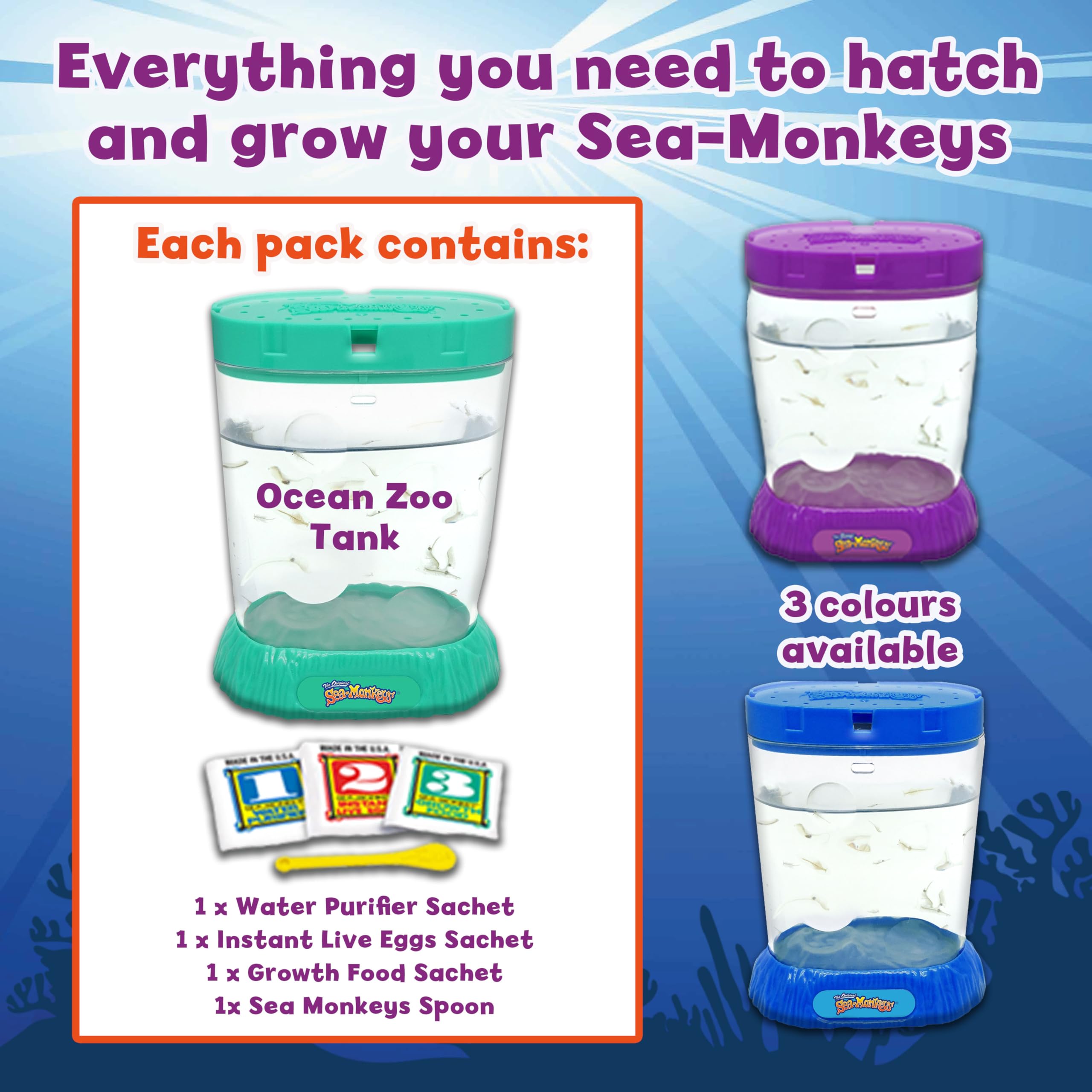 Sea Monkeys The Original Ocean Zoo - Grow Your Own Pets Science Kit- Includes Eggs, Food, and Water Purifier, Color May Vary