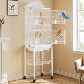 YITAHOME 62 inch Metal Bird Cage, Large Parakeet Cages | Bird Cage for Parrot, Cockatiel, Lovebird, Pigeon with Roof Top, Rolling Stand and Hanging Accessories, White