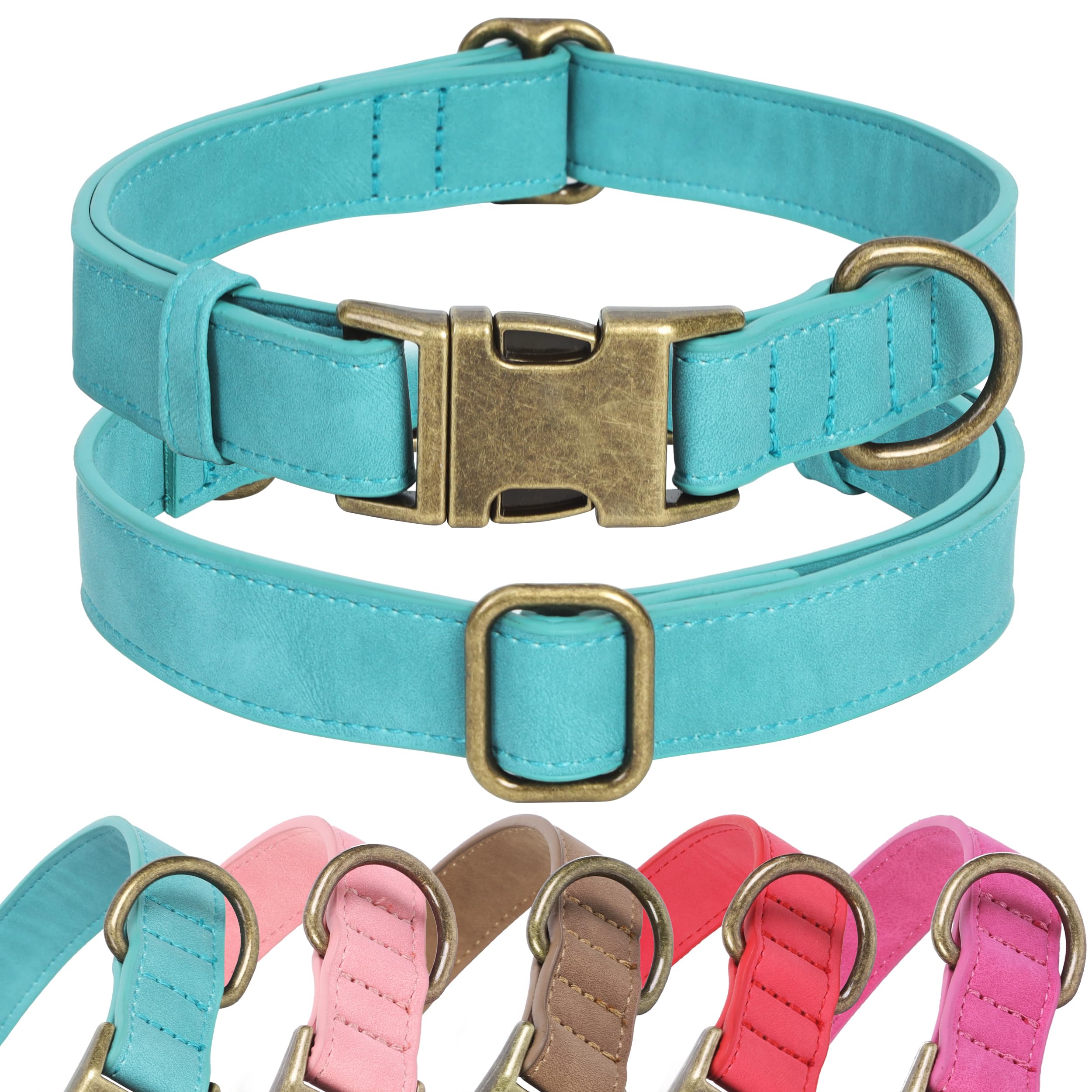 Jumpress Soft Leather Dog Collar for Small Medium Large Dogs, Heavy Duty Dog Collar Leather with Quick Release Metal Buckle, Durable & Adjustable for Medium Dogs Walking (Teal Blue, M)
