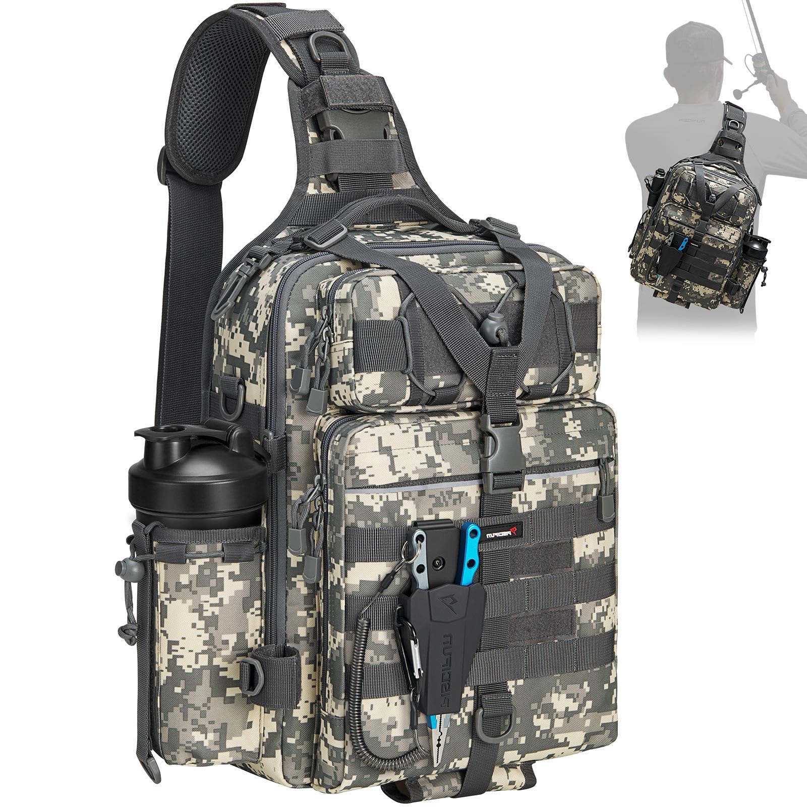 Piscifun Fishing Backpack Tackle Bag with 2 Rod Holders, Multi-Compartment Storage, MOLLE System, Water-Resistant Lightweight Outdoor Pack, Double Shoulder Digital Camouflage Large Image