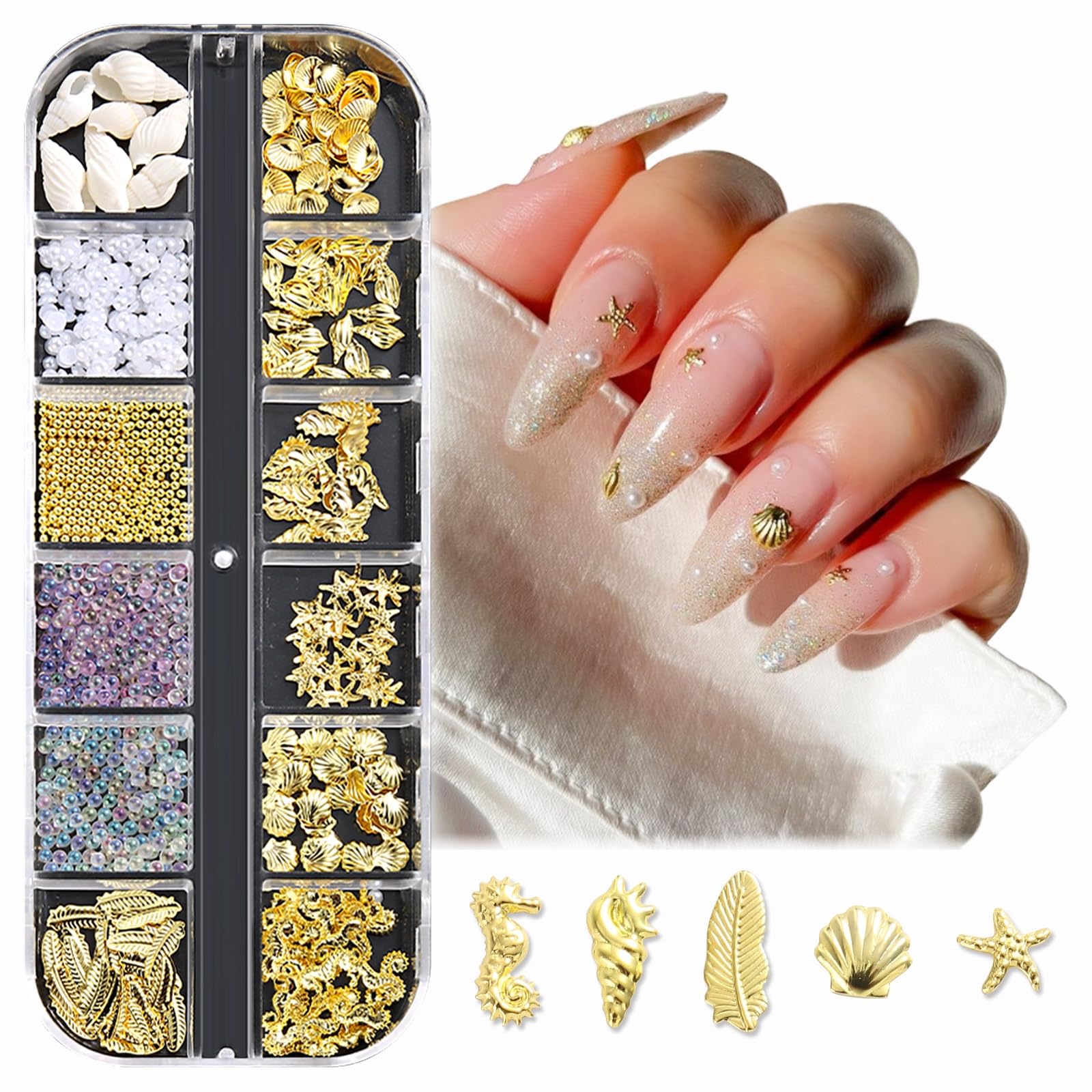 Photo 1 of PACK OF 2 SUTOKAKA 3D Nail Art Charms 12 Style Gold Seashell Starfish Seahorse Feather Charm Mini Pearl Bubble Nail Rivet Beads with Tweezer for Summer Ocean Hawaii Decor DIY Manicure Design