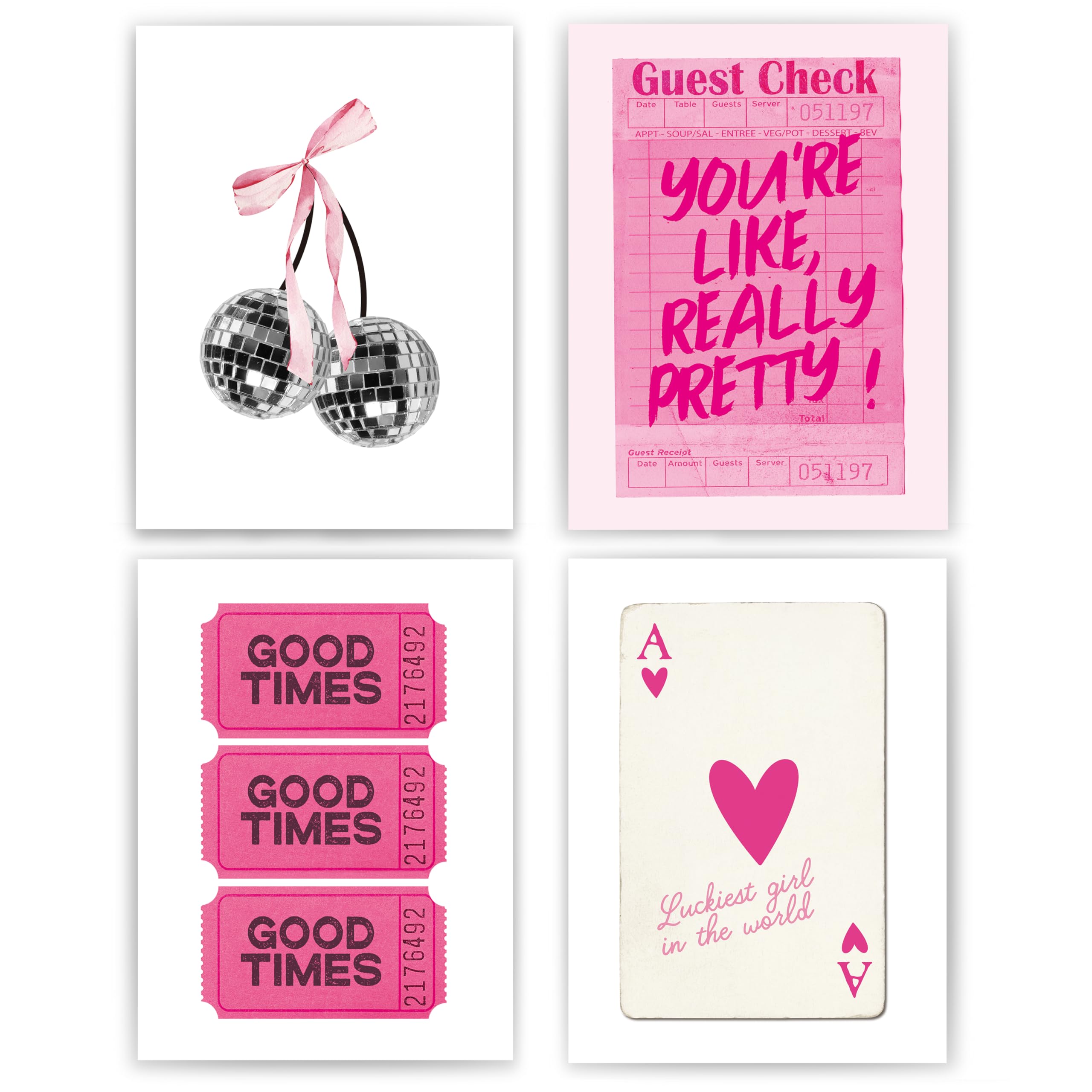 Photo 1 of ***DAMAGED - SEE NOTES/PICTURES*** okaxscm Hot Pink Trendy Preppy Wall Art Prints Set of 4, Coquette Preppy Room Decor Aesthetic, Pink Room Wall Decor, Pink Cherry Disco Ball Wall Decor Posters for Girls Bedroom Dorm, 12x16 Unframed