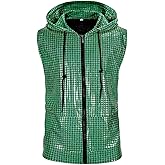 DZMDIP Men's Sequins Sleeveless Hooded Vest Disco Zippered Shirts 70s Disco Party Costume