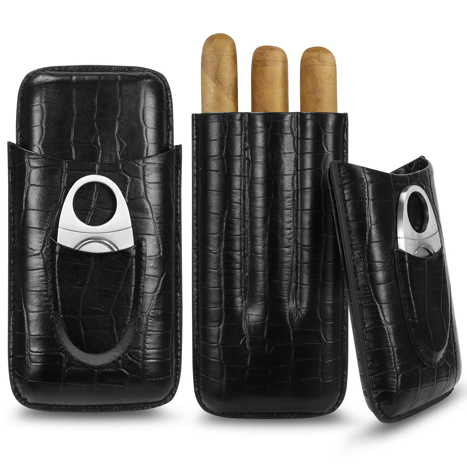 Photo 1 of CHFG Cigar Cases 3-Finger Portable Travel Leather Cigars Case with Cutter Gifts for Men (Black)