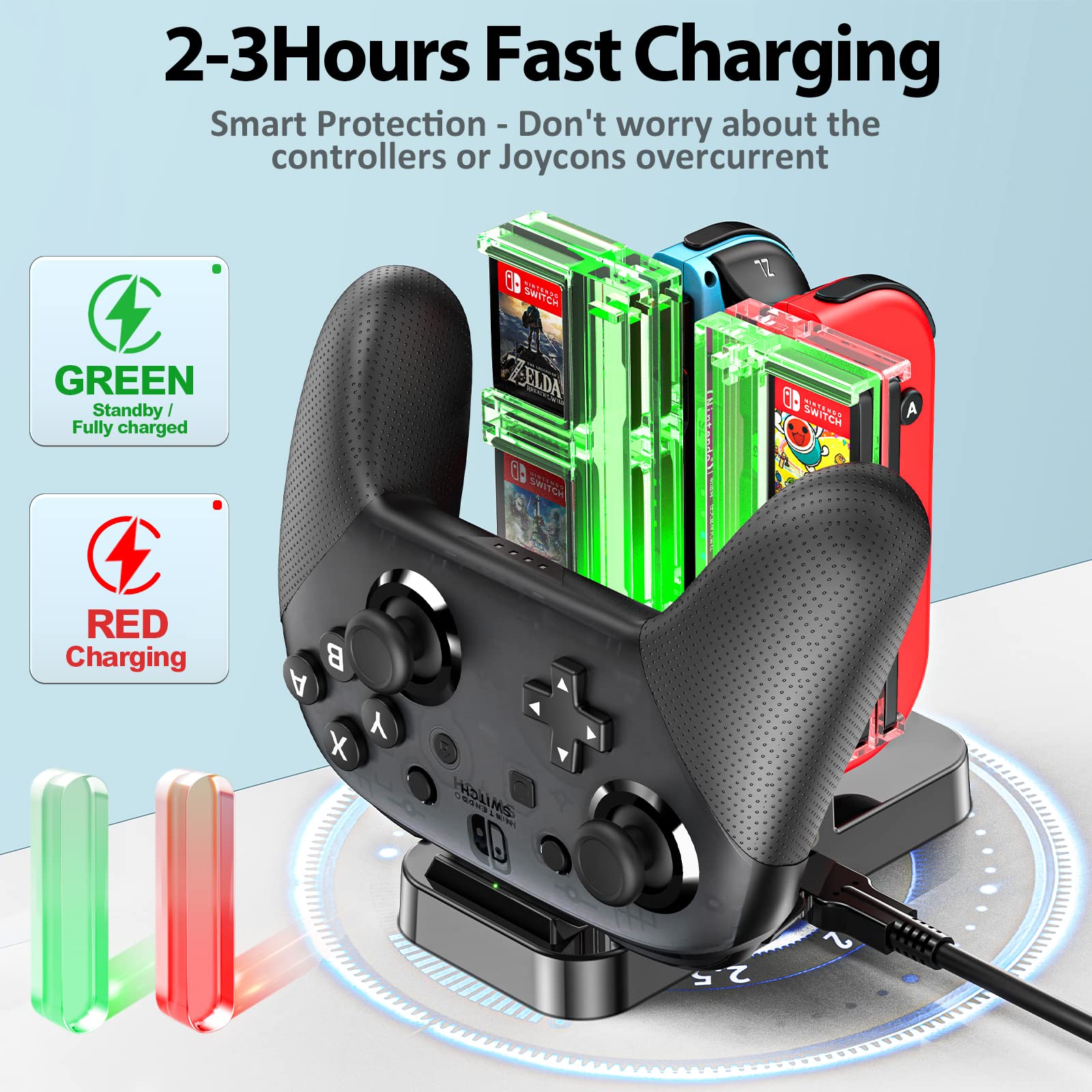 Joy-Con Charging Stand, 4 Simultaneous Charging, OIVO Joycon Charger, Includes Charging Instruction LED, 8 Game Disc Storage, USB-C Charging Cable Included