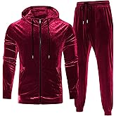 LecGee Men's 2 Piece Velvet Tracksuit Full Zip Turtleneck Hooded Jacket and Casual Jogger Pants Matching Velour Sweatsuit Set