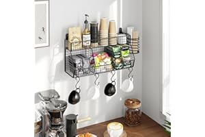 D-werack Coffee Station Organizer Wall Mounted, Metal Coffee Condiment Shelf with Hooks for Mug Storage, Coffee Bar Accessories and Holder for Coffee Pods Syrup Tea Bag K Cups Sugar Packet Stirrer