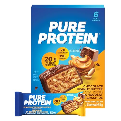 Pure Protein Bars - Nutritious, Gluten Free bar, made with Whey protein blend - low sugar snack. Deliciously satisfying. Made in Canada, Chocolate Peanut Butter (Pack of 6)