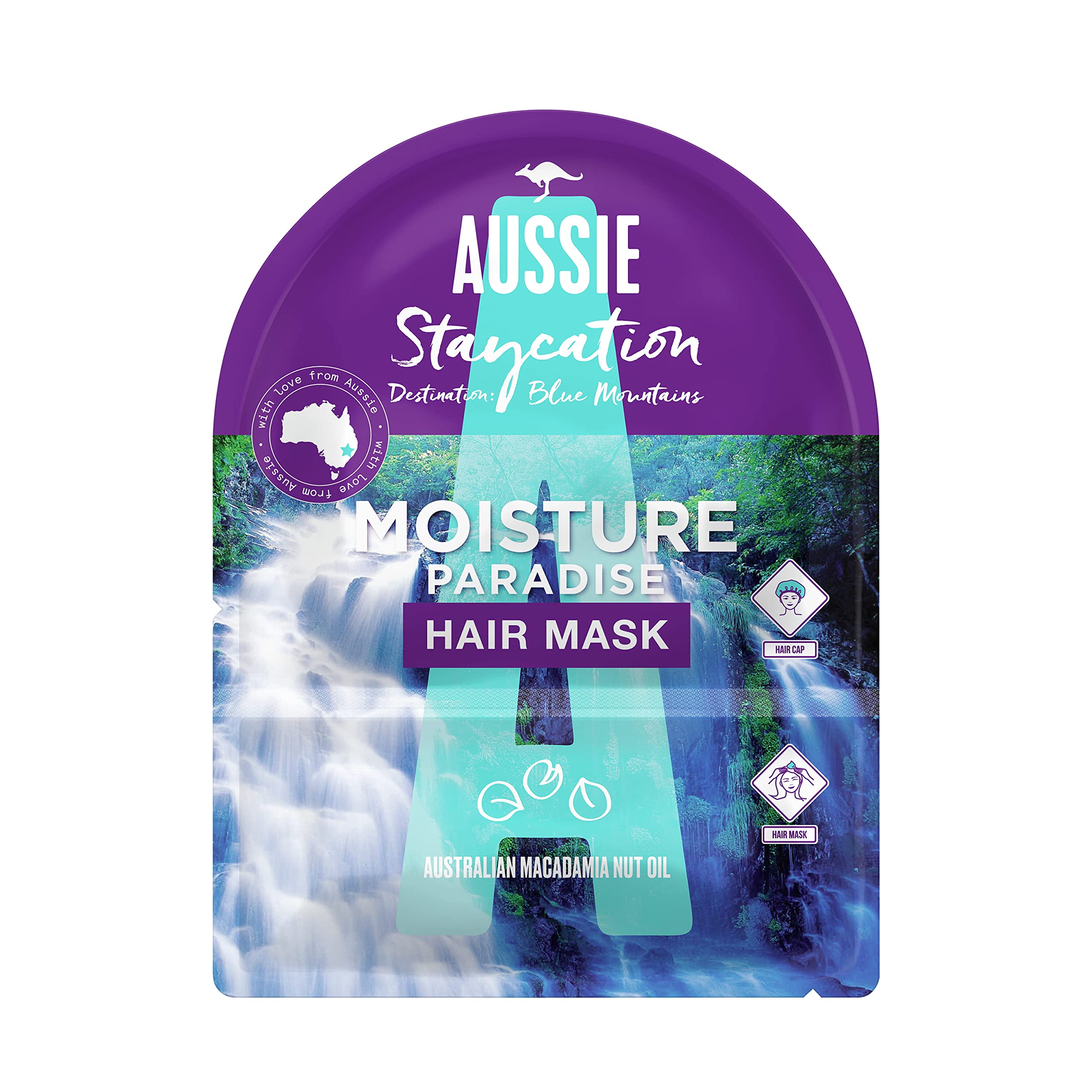 Aussie Staycation Hair Mask for Dry Damaged Hair & Cap, This Moisture Paradise Hair Mask With Australian Macadamia Nut Oil is Cruelty Free (20 ml Hair Mask + Hair Cap)