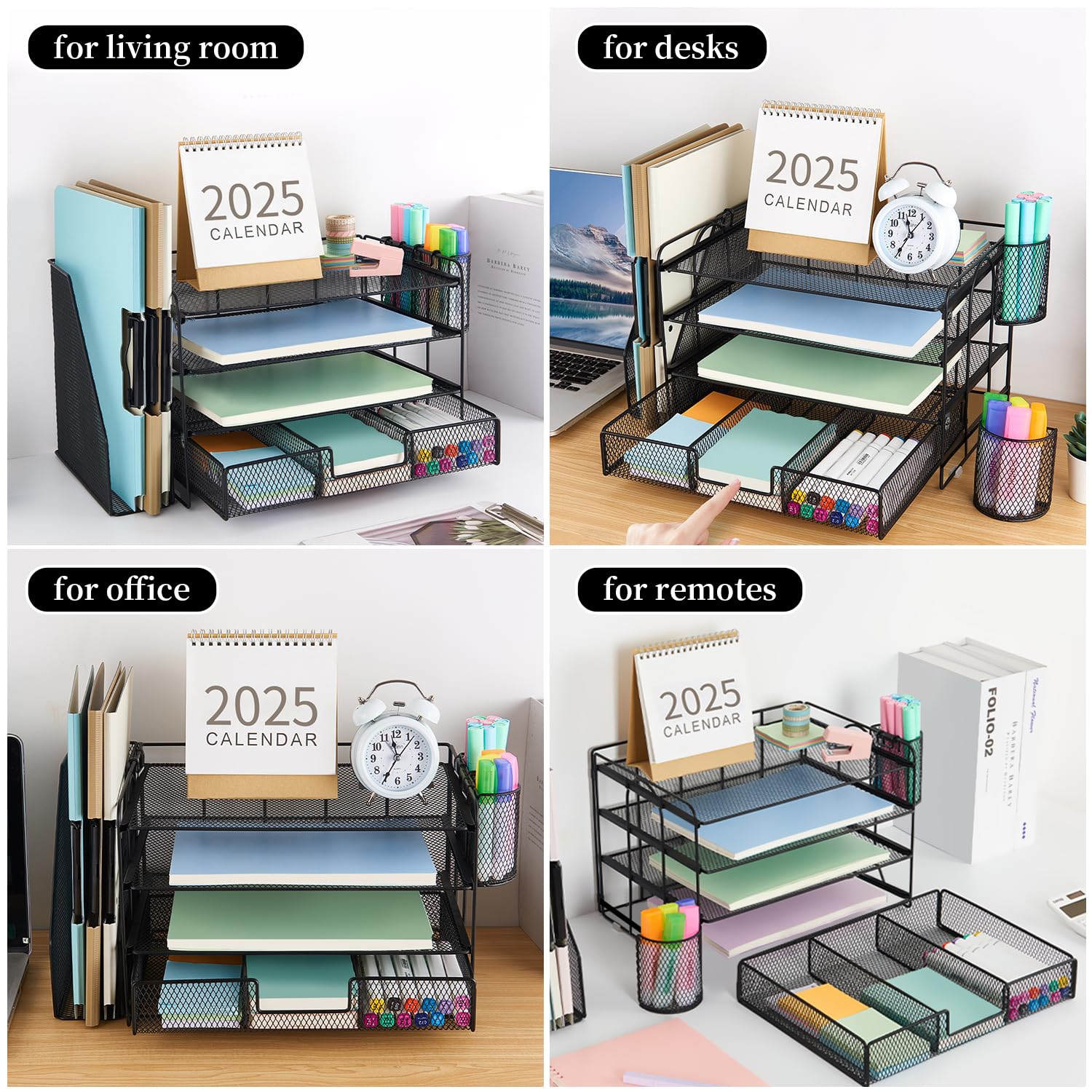 gianotter Desk Organizers and Accessories with File Holder, 4-Tier Desk Accessories & Workspace Organizers with Drawer and 2 Pen Holder, Paper Organizer for Office Supplies (Black)