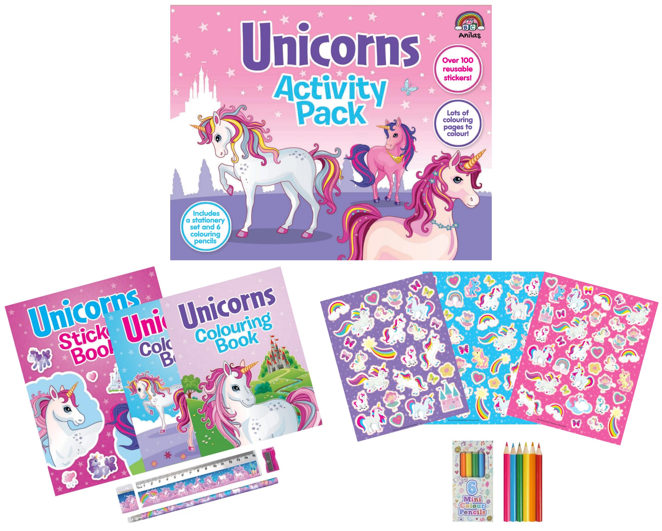 Anila's Unicorn Activity Pack with Colouring Books, Sticker book, Stationery Set, Colouring Pencils & 100 Reusable Stickers.(Perfect for children aged 3-8). (Unicorn) โ image 1