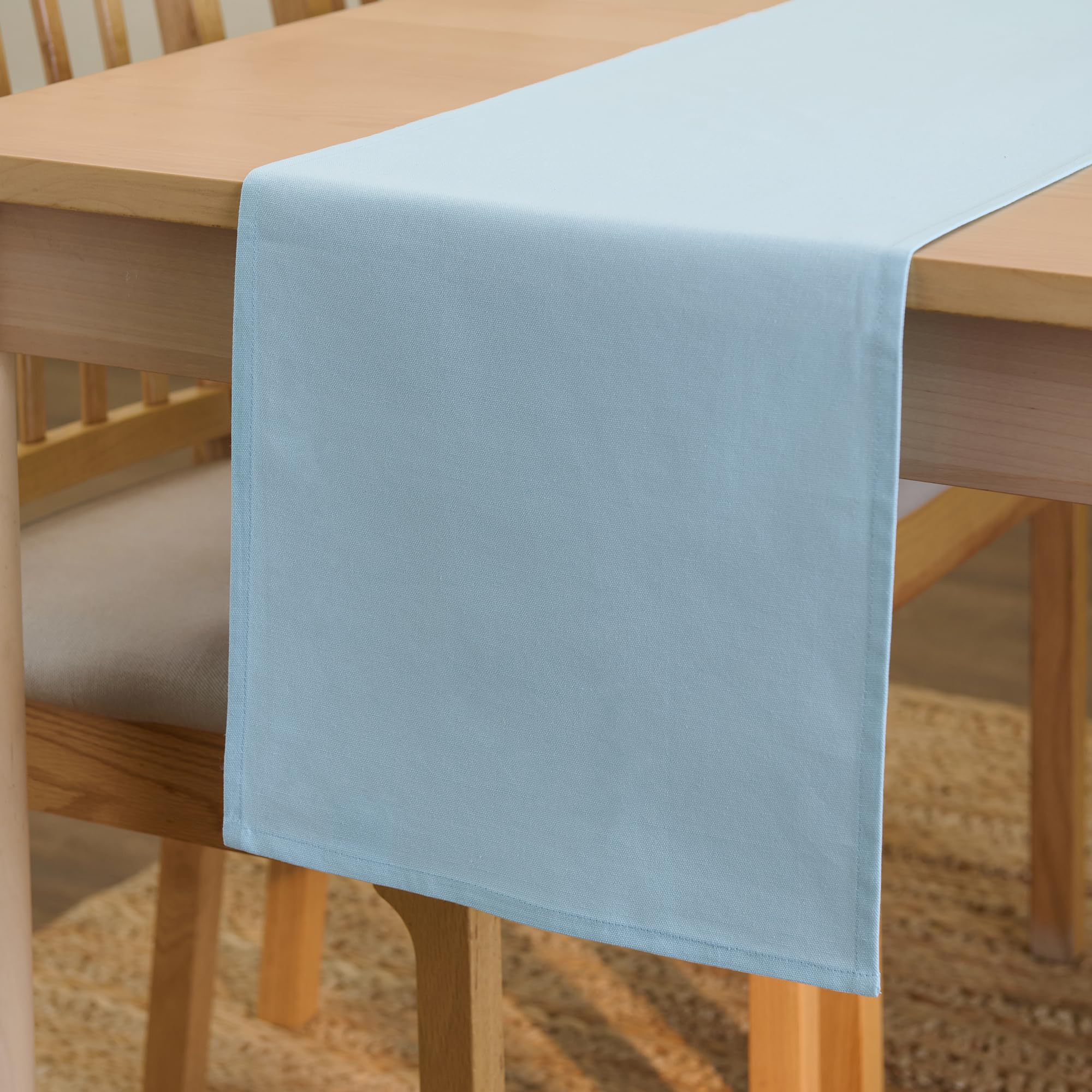 Encasa XO Table Runner 13x91 in Long | Cotton Canvas Fabric | Ice Blue Solid Color | Machine Washable & Durable