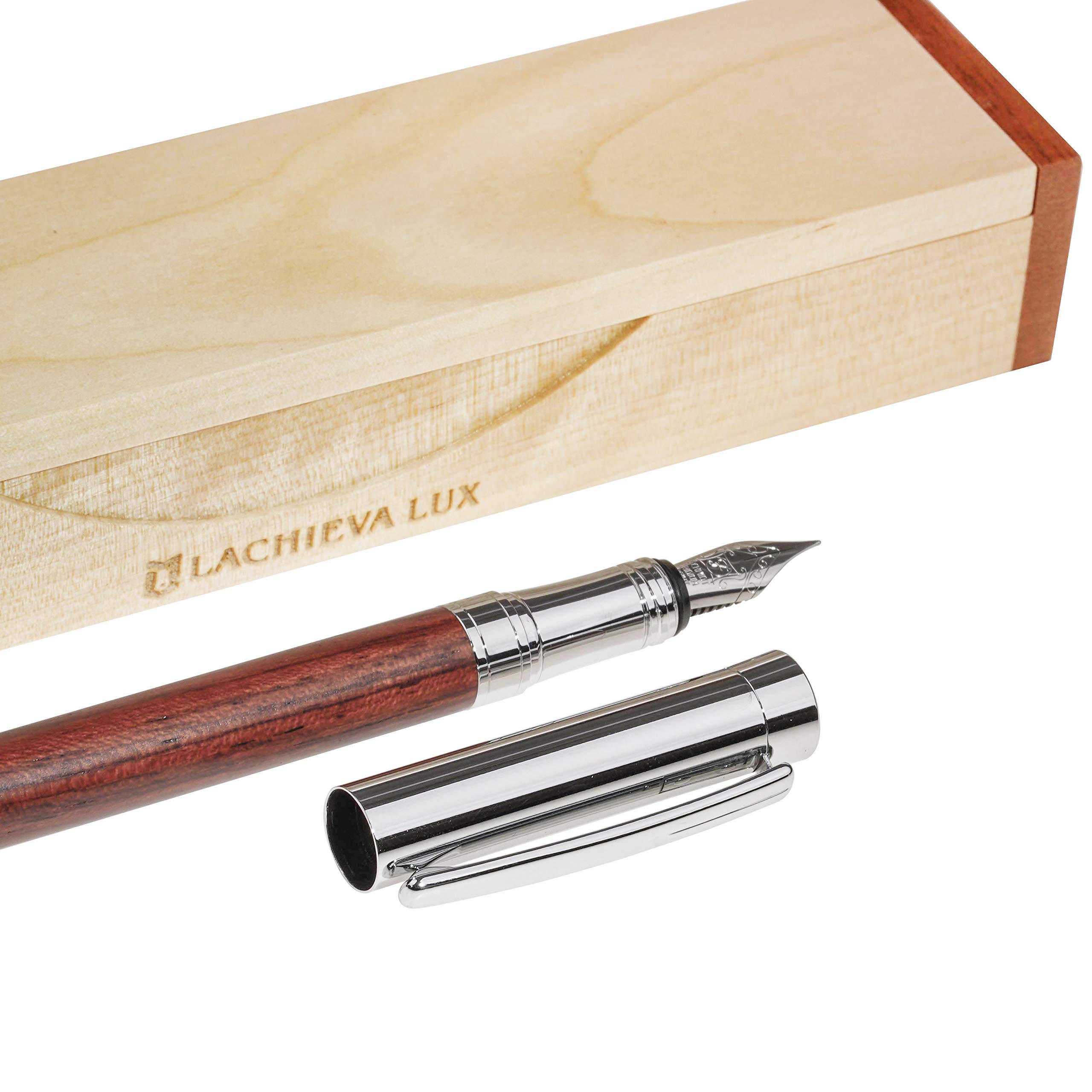 LACHIEVA LUX Rosewood Fountain Pen, German Fine Nib, Smooth Ink Flow, Wooden Gift Box with Converter & 2 Cartridges, Elegant Pen for Men and Women