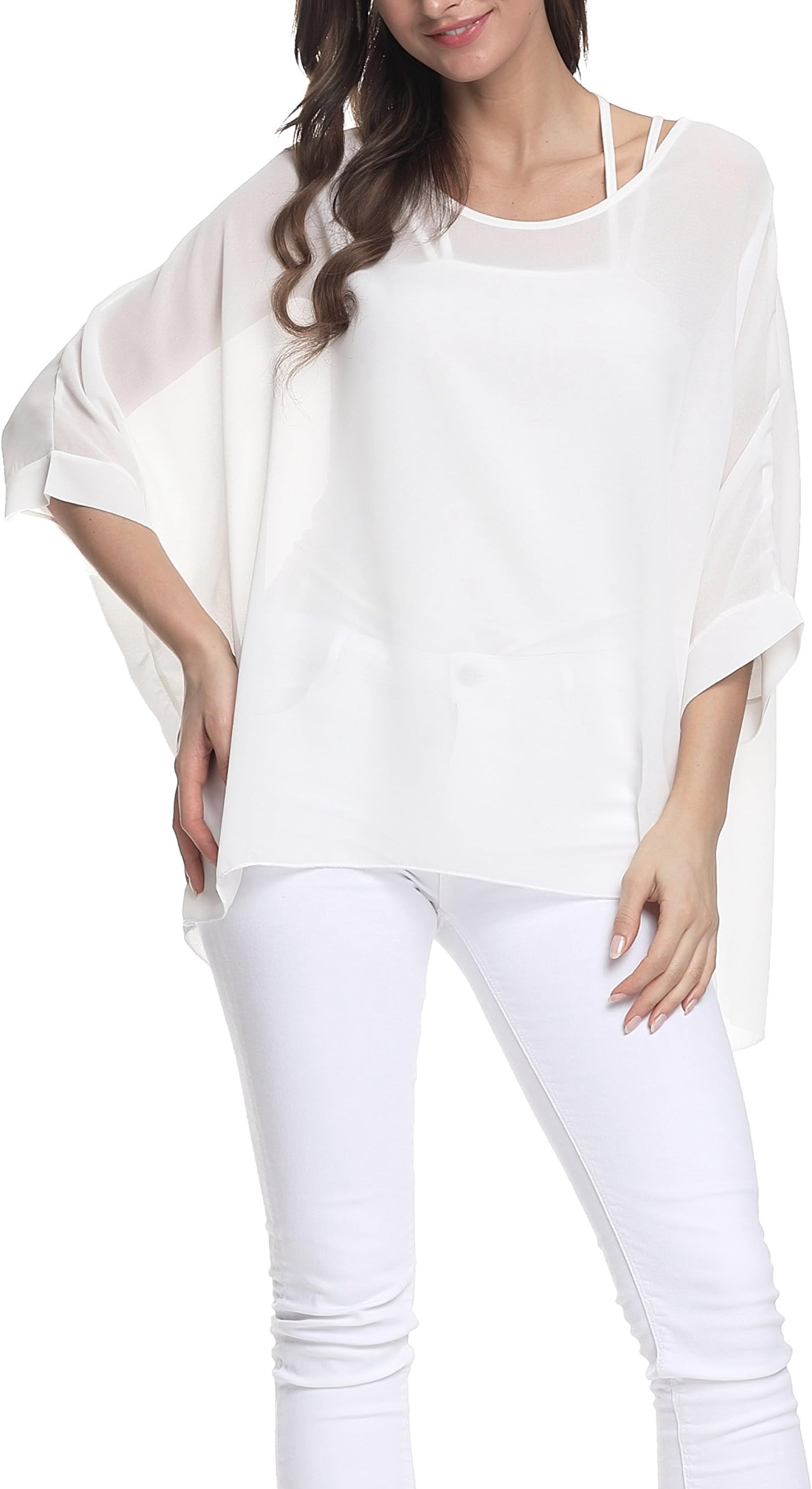 iNewbetter Womens Floral Print Batwing Sleeve Boho Blouse Chiffon Poncho Summer Tunic Tops