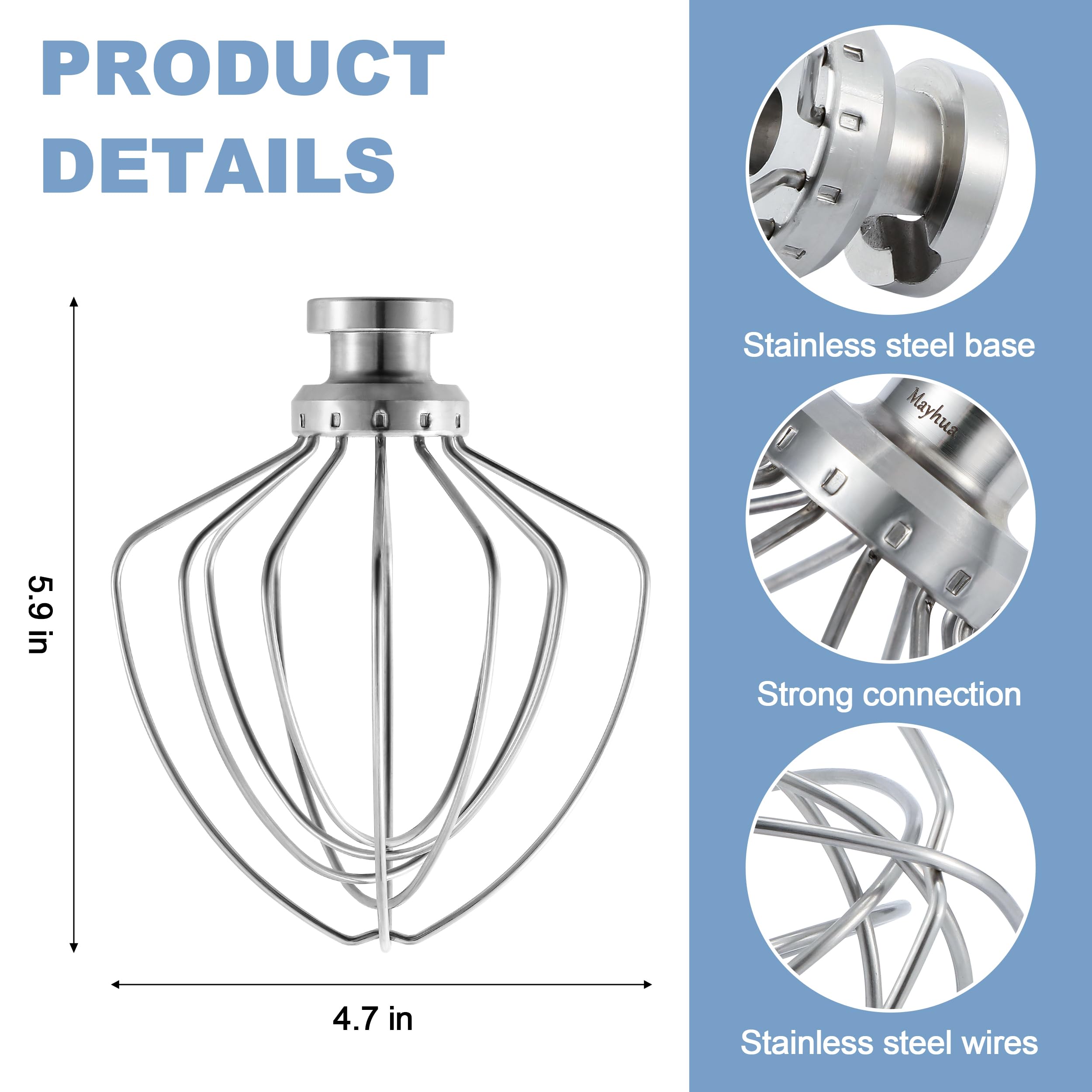 Stainless steel Wire Whip Attachment for KitchenAid Tilt-Head Stand Mixer Accessory K45SS Replacement, Egg Cream Stirrer, Cakes Mayonnaise Whisk, Whipping Egg White, Dishwasher Safe