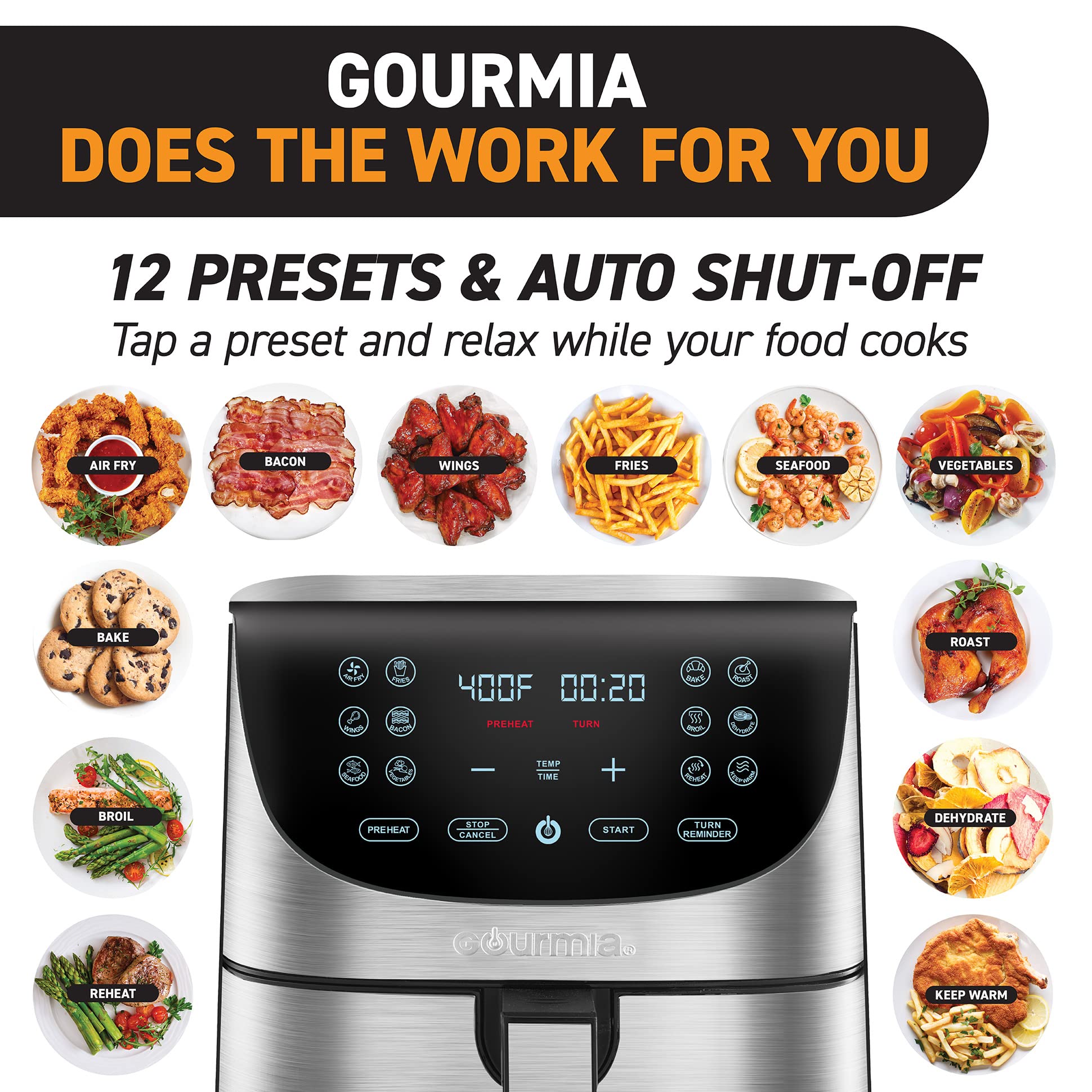 Gourmia Air Fryer Oven Pantalla digital 7 Quart Large AirFryer Cooker 12 Touch Cooking Presets, XL Air Fryer Basket 1700w Power Multifunción GAF778 Freidora de aire negra y de acero inoxidable FryForce 360°