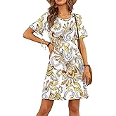 VIISHOW Women's Summer Dress Ruffle Sleeve Round Neck Mini Dress Solid Color/Floral Print Loose Comfy Swing Sundress