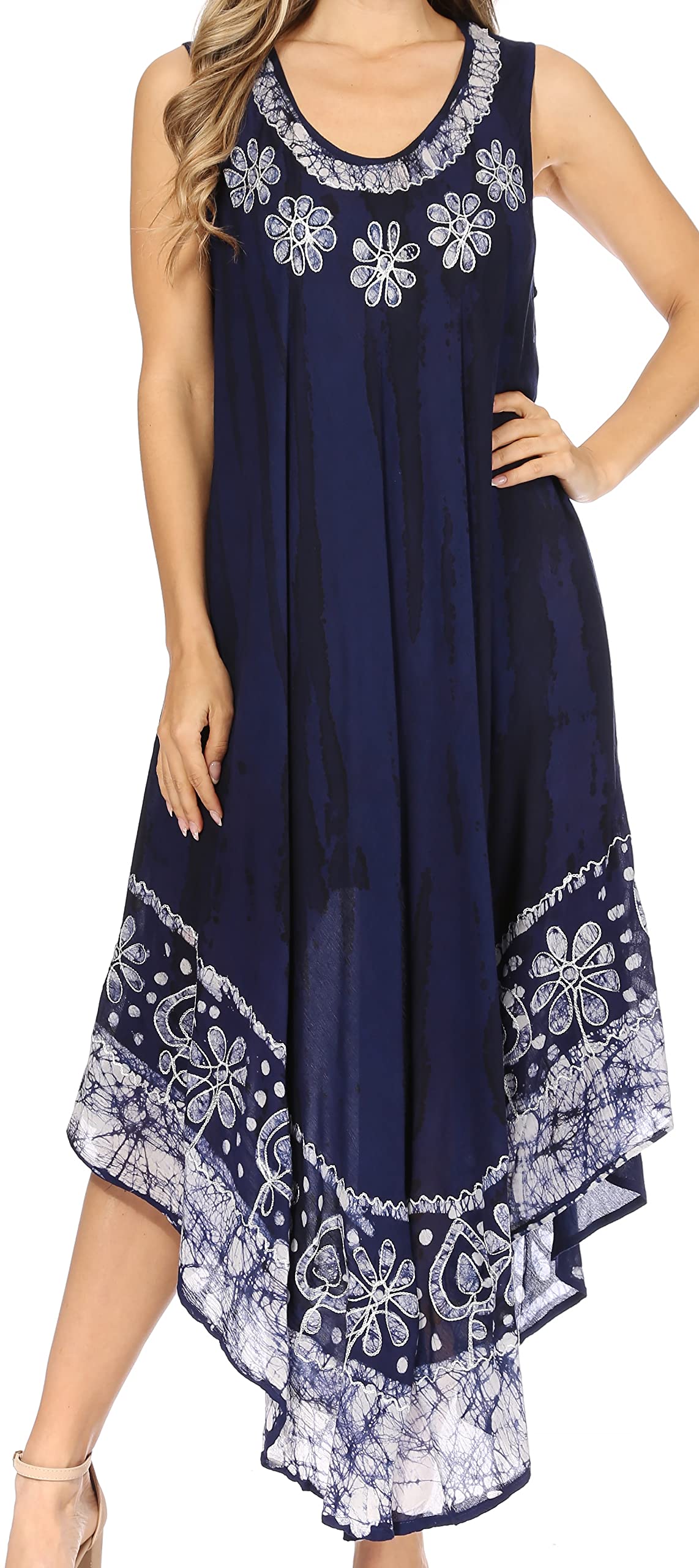 Sakkas 15009 - Alexis Embroidered Long Sleeveless Floral Caftan Dress/Cover Up - Midnight Blue - OS